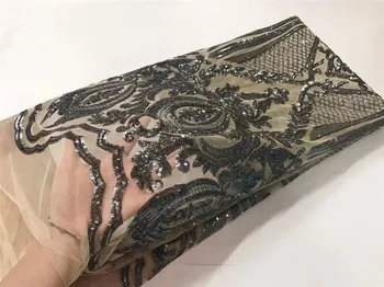 

black color African Lace Fabrics Nigerian French Lace Fabric with flowers 2017 High Quality sequins Tulle Fabric