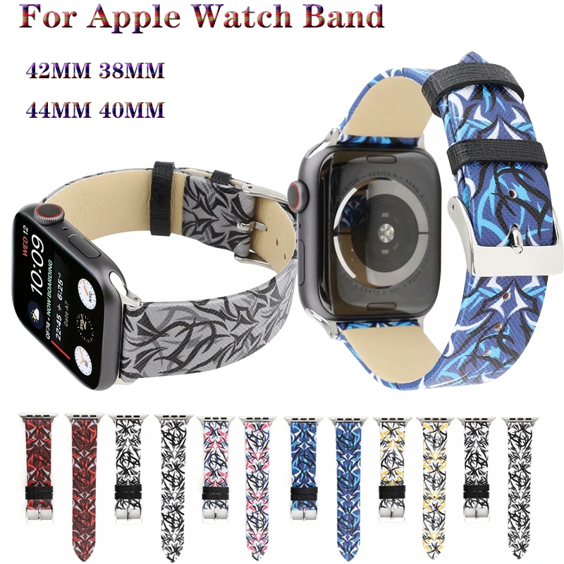 

Genuine Leather Bracelet Strap for Apple Watch band 4 44/40mm Thorns Printing Pattern Compatible for iWatch series 3 2 1 42/38mm