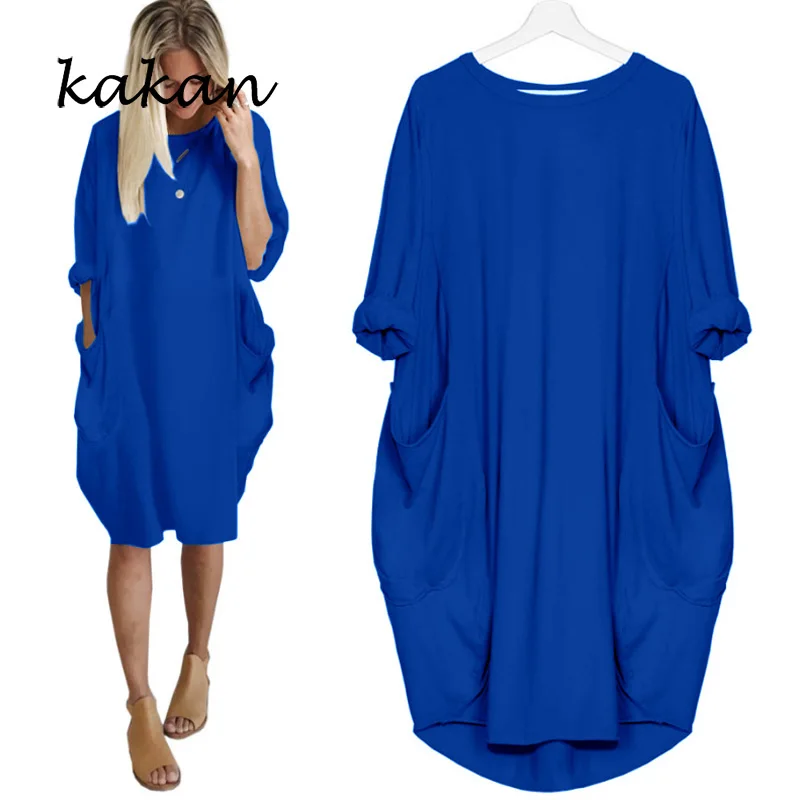 

Kakan large size women's dress pocket loose long-sleeved dress female long section wine red gray black army green pink dress