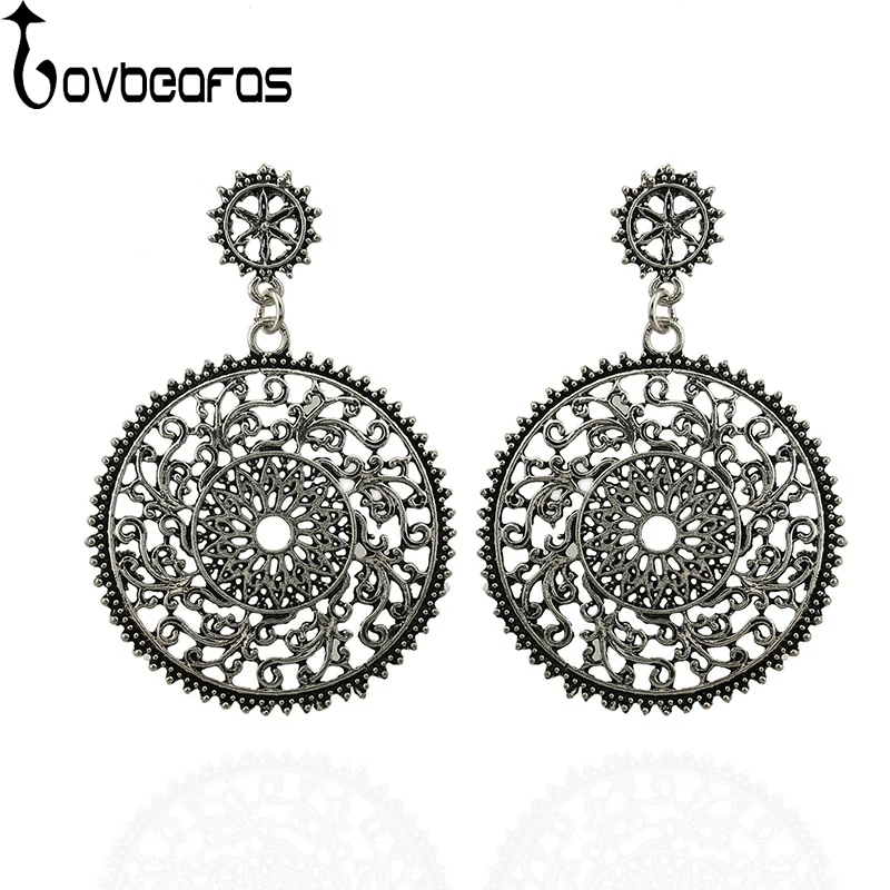 

LOVBEAFAS Fashion Antique Silver Bohemian Earrings Metal Carved Vintage Ethnic Stud Earrings Boho Earrings For Women
