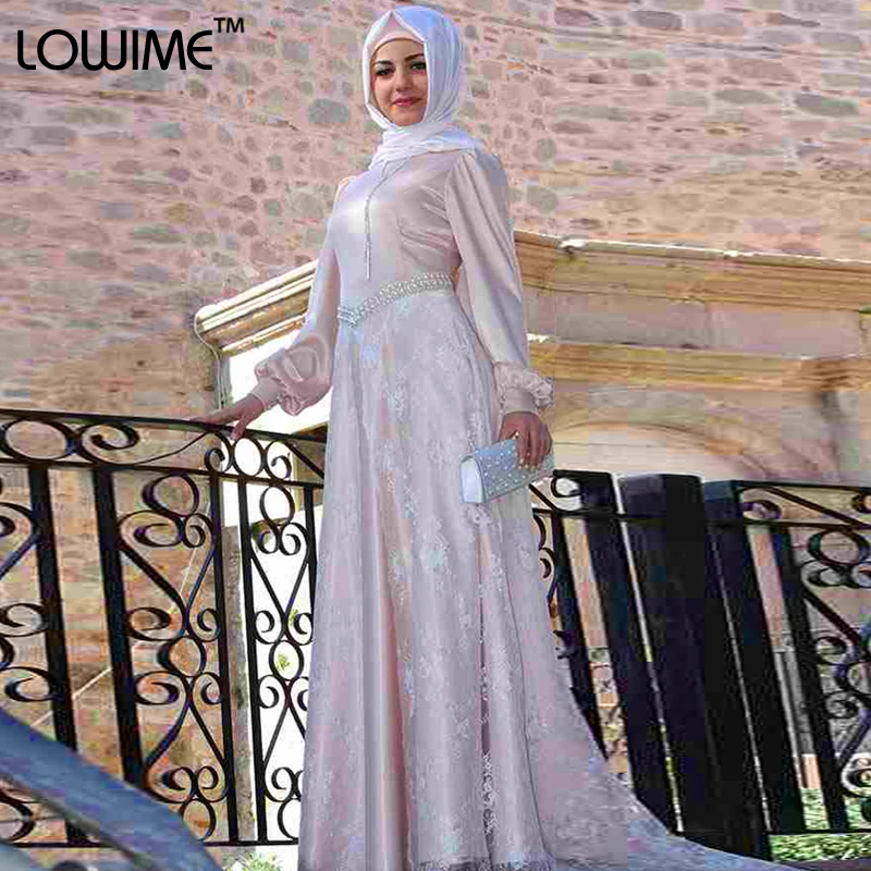 Muslim Arabic Light Pink Evening Dress Long Sleeve Prom Dresses With font b HiJab b font
