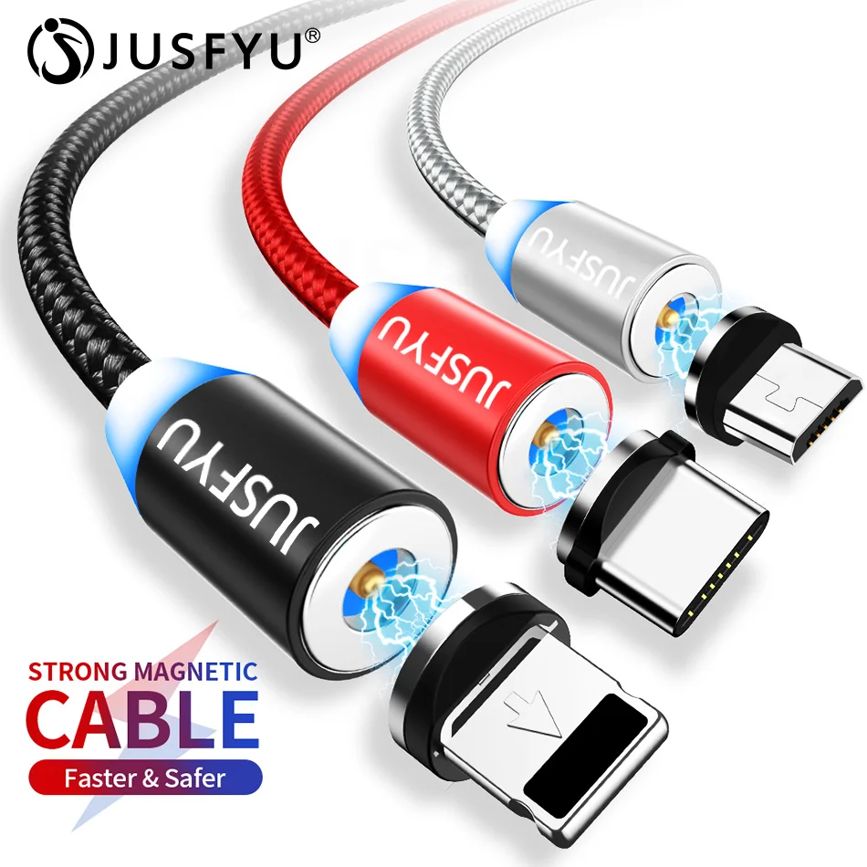 

JUSFYU Magnetic Cable Braided LED Type C Micro USB magnetic usb charging cable for Apple iphone X Xs Max XR Samsung S10 S9 cord