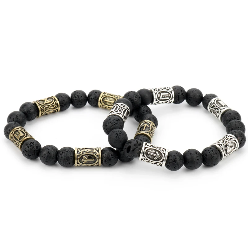 

dongsheng 2018 Newest Lava stone Beads Viking Rune Alloy Men Explorer Stone Bracelet For Men Women Bangle Jewelry Gift-25