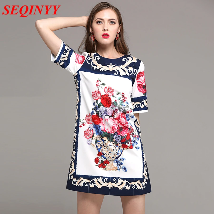 

Vintage Autumn-spring Dress 2017 New Arrival Flowers Vase Pinted Short Sleeve Contrasting Stitch Women's Straight Print Dress