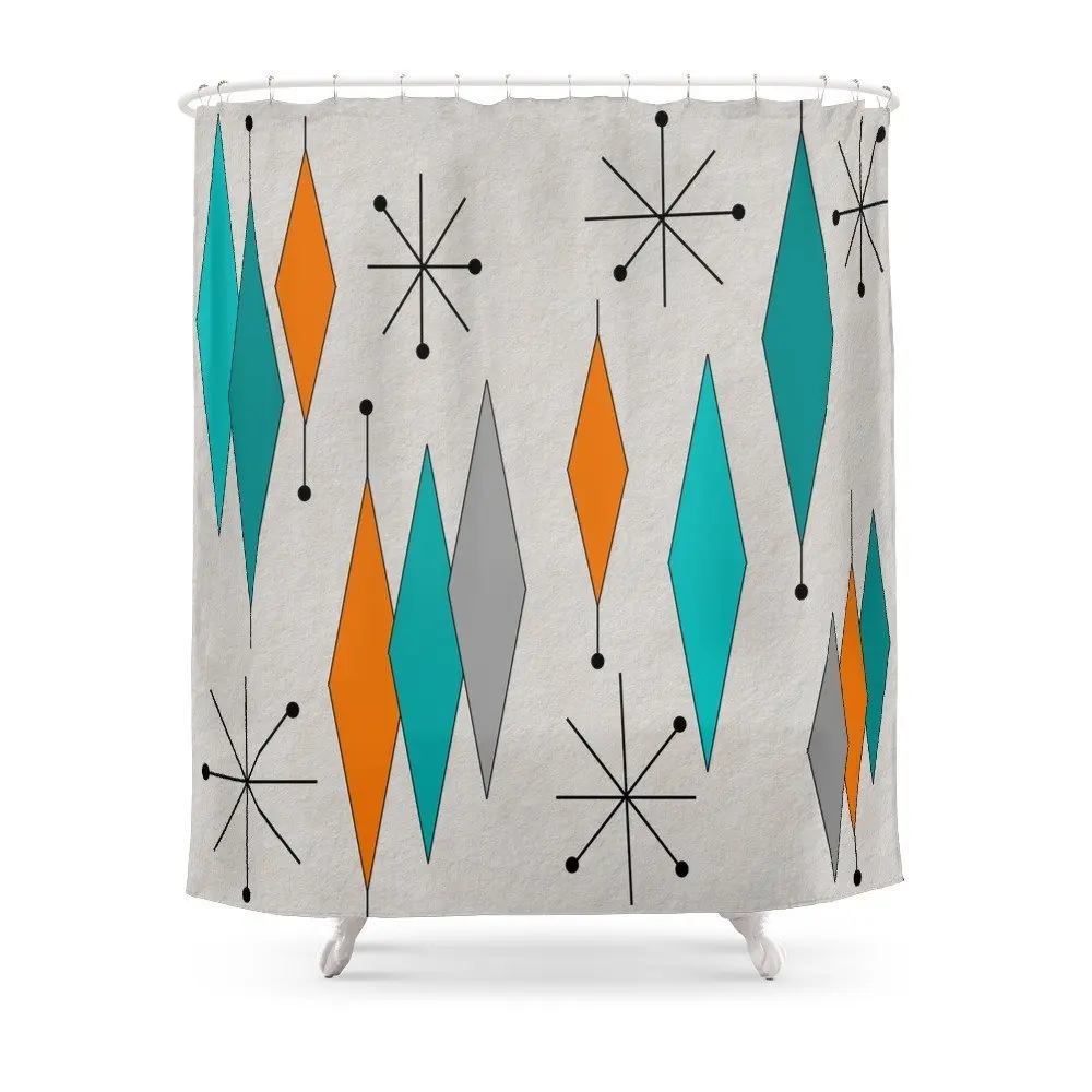 

Mid-Century Modern Diamond Pattern Shower Curtain Set Waterproof Bath Curtain For Bathroom With Non-slip Floor Mat