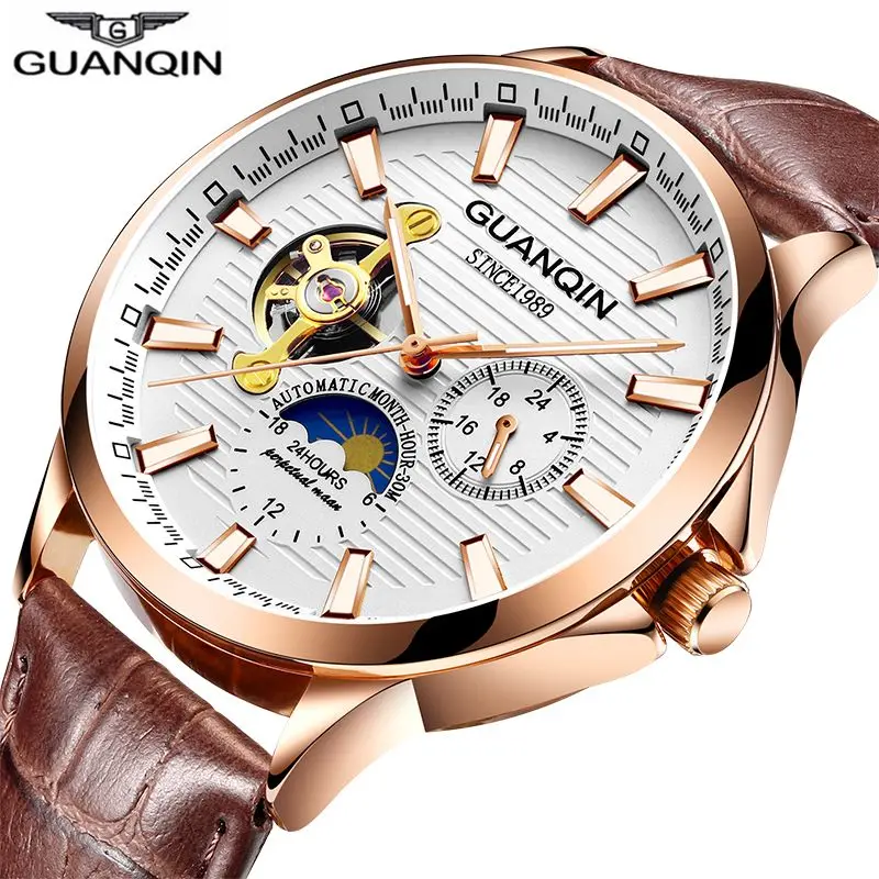 GUANQIN 2019 New Watch men Automatic Mechanical clock Luminous waterproof leather rose gold skeleton business Men Wrist watches