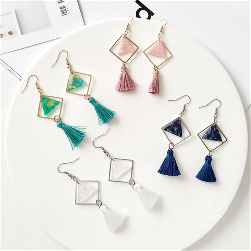 

4 color tassel earrings acetate tassel quadrilateral plate geometry joker contracted jewelry earring