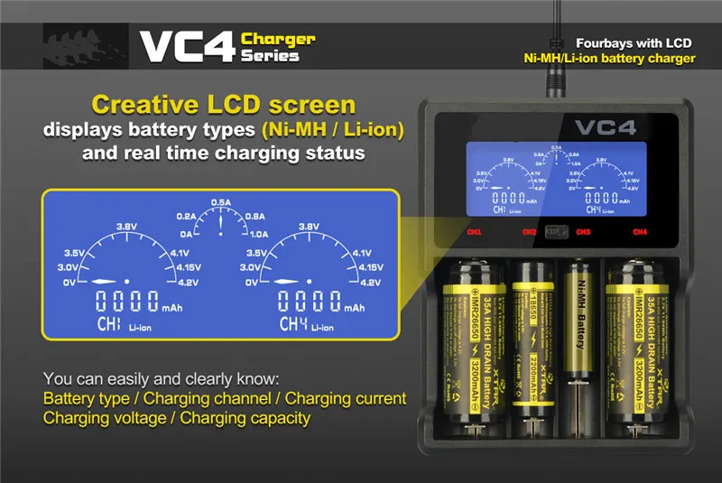 Великобритания VC4 ЖК-экран USB зарядное устройство AA AAA 18650 14500 32650 Li-Ion Ni-MH