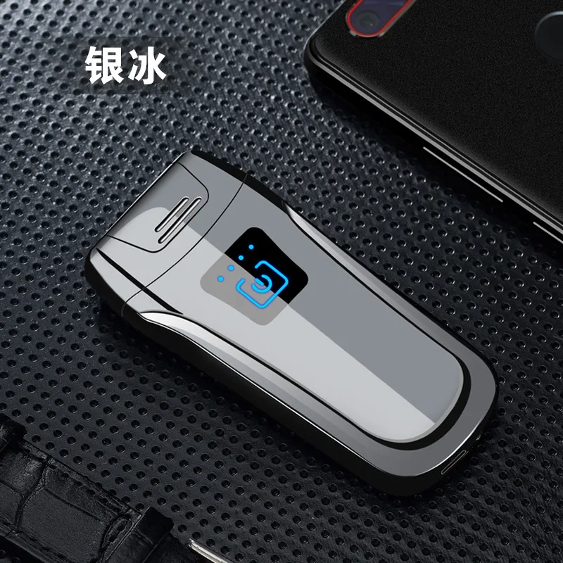 Новая Металлическая двойная дуговая зажигалка, электрическая USB Зажигалка, мощный дисплей, сенсорный ветрозащитный перезаряжаемый прикуриватель для мужчин, Подарочный брикет - Цвет: silver