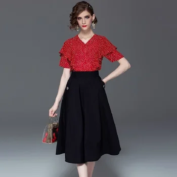 

Women's Sets Elegant Ruffles Red Chiffon Short Sleeve Blouses and Skirts Two Piece Sets 2019 Office Lady Fashion Party Work Set