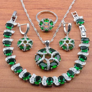 

Elegant Women Costume With Natural Stones CZ Green Jewelry Sets Hollow Round Dangle Earrings And Bracelet Sets JS0442