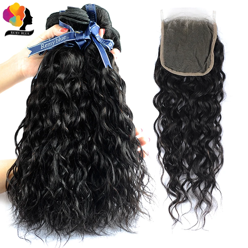 Remyblue волнистые пучки с закрытием натуральный цвет перуанские человеческие волосы пучки с парик с пробором посередине remy волосы 3 пучка