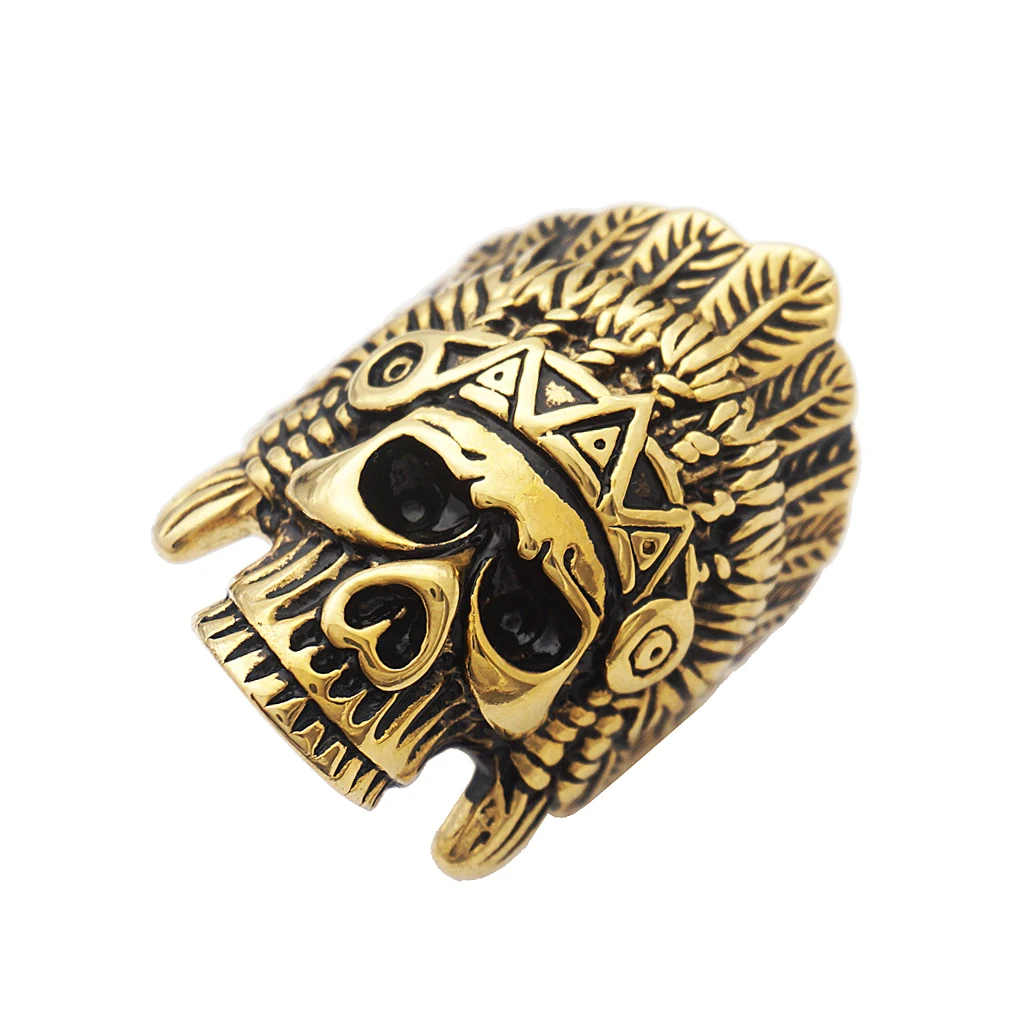 Indian Chief Skull Ring Gold Stainless Steel Rings Native American Ring Men\`s Gothic Punk Rock Biker Size 7 - 13 
