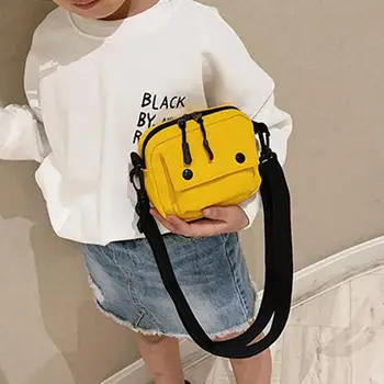 

Children Girl Button Square Solid Color Zipper Crossbody Shoulder Canvas Bag