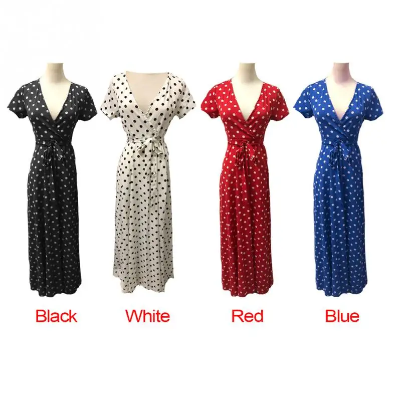 Beach Summer Ladies Long Dress Red White Dot V-neck Women Evening Party Sundress Vestidos de festa Dresses Beach Summer Ladies Long Dress Red White Dot V-neck Women Evening Party Sundress Vestidos de festa Dresses