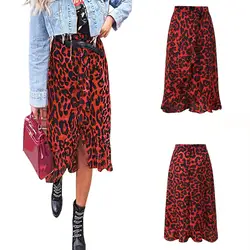Женская юбка с леопардовым принтом, винтажная Длинная женская Повседневная плиссированная юбка с высокой талией, стильная красная юбка с