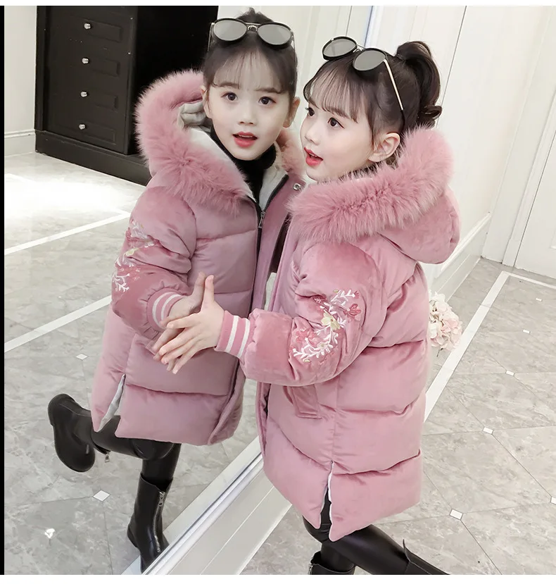

New children's hooded warm coat girl's long jacket kids cotton wool outwear girl embroidered gold zipper velvet jacket 18N1126