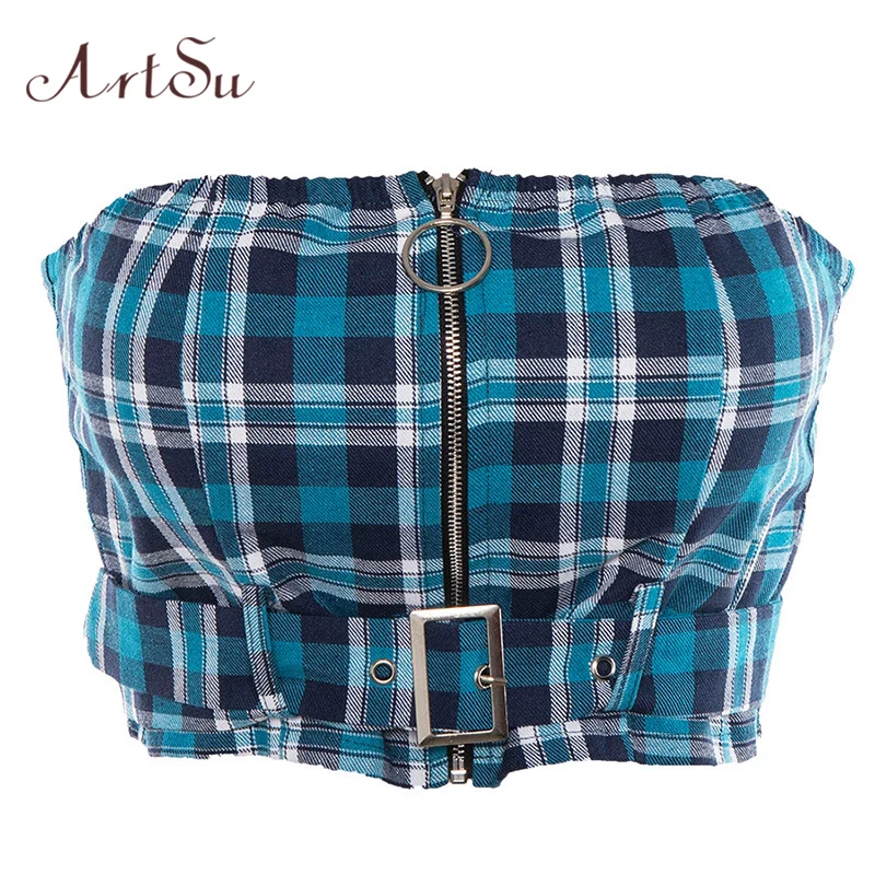 

ArtSu Vintage Plaid Blue Crop Top Cami Off Shoulder Sleeveless Top Women Zipper Bralette Tube Top Streetwear Short Top ASVE20577