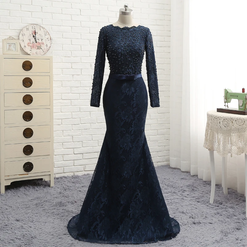navy evening gowns with sleeves