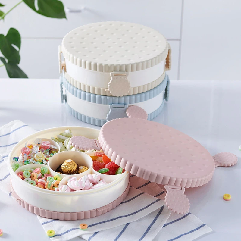 

Portable Round Food Storage Container Living Room Fruit Platter Plastic Box with Cover Melon Seed Storage Organizer Outdoor Box