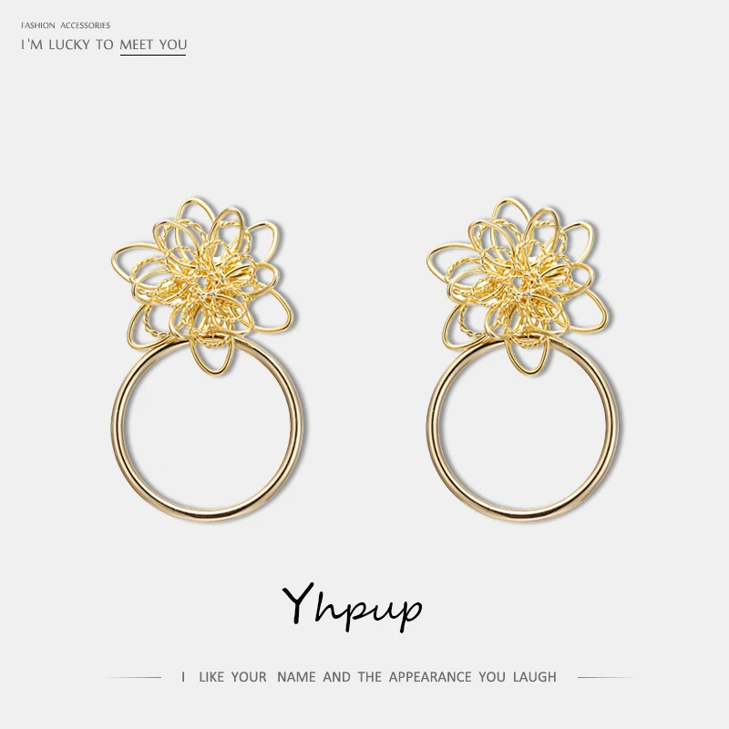 Yhpup трендовые корейские классические полые медные серьги-гвоздики в виде цветка съемные геометрические металлические Золотые Серьги Brincos pendientes mujer