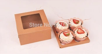 

Free Shipping New Fashion Kraft Brown Paper 4 Cupcake Boxes with PVC Window Cookie Packaging Boxes Square Muffin Box 500Pcs/Lot