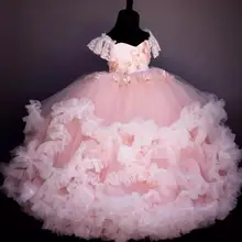 Роскошные Розовые Платья с цветочным узором для девочек, украшенные цветами ручной работы и бисером; праздничное платье на день рождения для девочек; пышные платья; реальное изображение