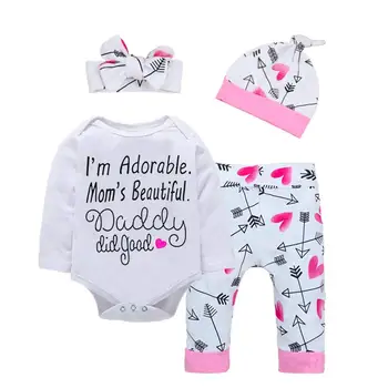 

Newborn Baby Girls Clothes Floral I Am Adorable, Mom's Beautiful Bodysuit Romper +Pants +Headband+Hat Outfits