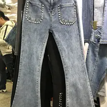 Весна и лето новые тяжелые работы бисером карманы тонкие джинсы стрейч брюки
