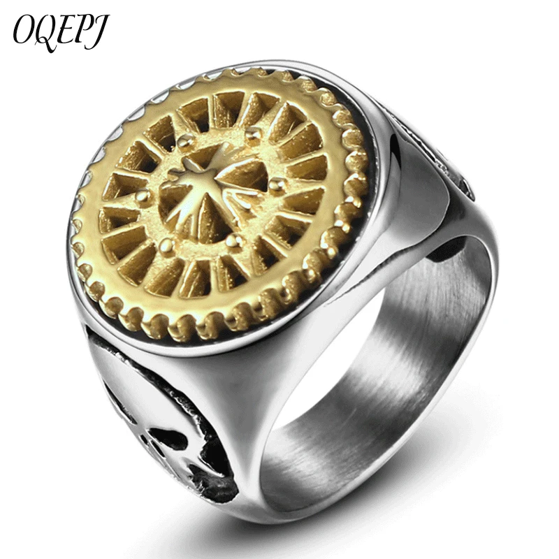 

OQEPJ Punk Gold Black Cross Gear May Rotate With Skull Rings Stainless Steel Silver Color Charm Men Ring High Quality Jewelry