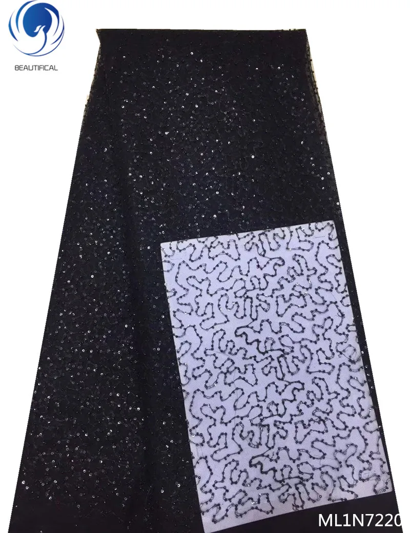 

Beautifical african sequins tulle lace fabrics 2019 high quality fabrics dress black sequin shiny lace fabric 5yards/lot ML1N722
