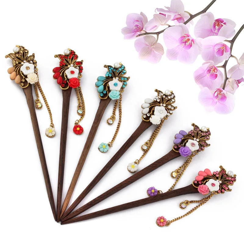 Buy Rhinestones Wooden Tassels Vintage Hair Sticks