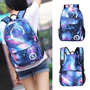 

Popular Teen Girls Galaxy Noctilucent Canvas Backpack USB Charger Anti-Theft Lock Starry Sky Universe Space School Bag