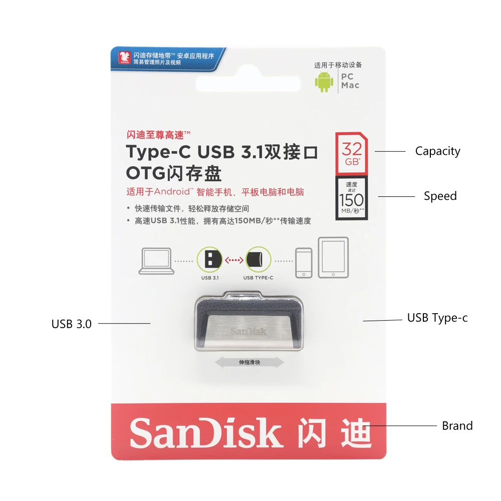 sandisk 128 ГБ 256 ГБ SDDDC2 экстремально высокая скорость 150 м/с флешки type-C USB3.1 двойной OTG USB флэш-накопитель 64 ГБ 32 ГБ U диск