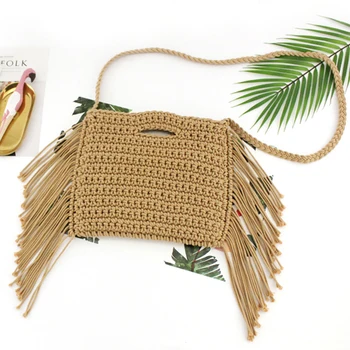 

Cotton line tassel hand holding notch woven Crossbody bag women straw handbag beach tote
