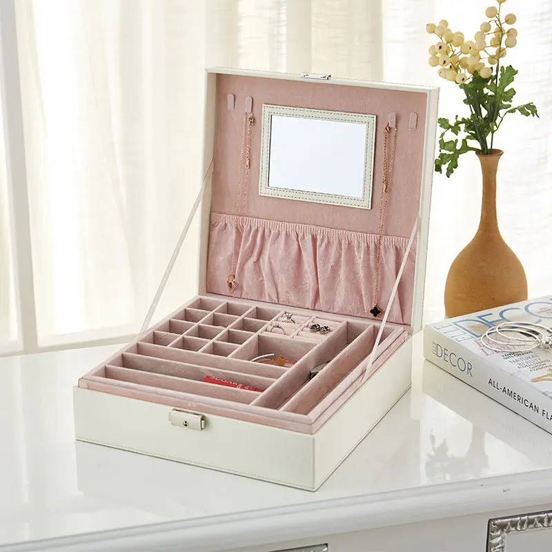 Mirror flannel jewelry box Double layer Jewelry storage box crocodile leather jewelry box custom