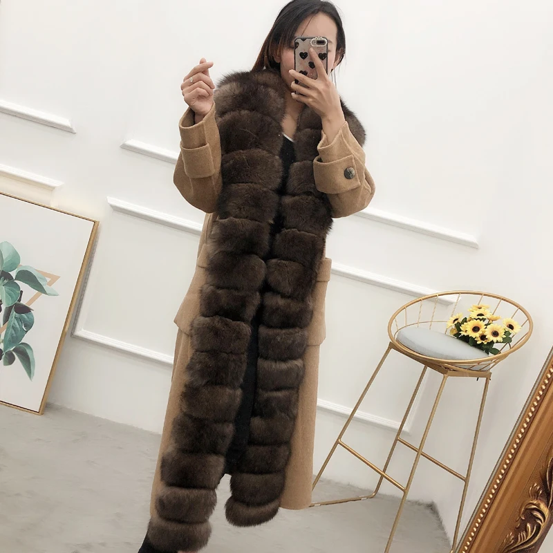 

Women cardigans plus long wool coat with long real fox fur detachable threshold female overcoat spring antumn winter outerwear