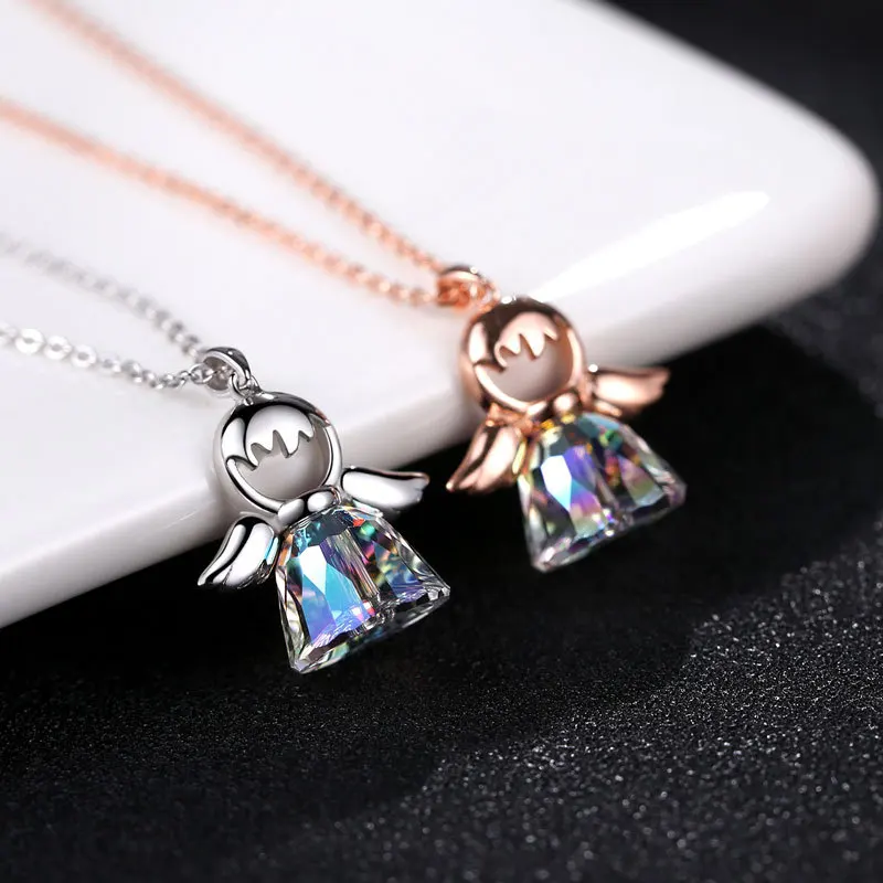 

LKO new arrive S925 Necklaces Austria Crystal Necklace Glass Round Pendants Necklace Silver Chain angel Necklace For Women