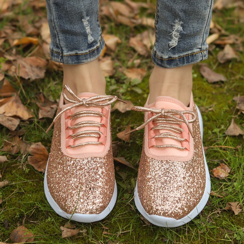 

New Silver Bling Loafers Women Platform Flats Candy Color Breathable Lace-up Walking Flat Sneakers Shoes Plus Size 35-43 XWD7710