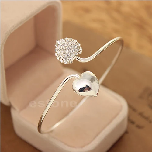 

Fashion Crystal Love Heart Women Silver Plated Bangle Bracelet Gift Jewelry