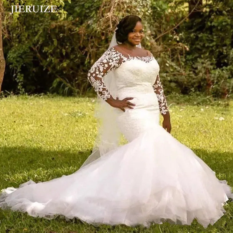 

JIERUIZE White Lace Plus Size Mermaid Wedding Dresses Lace up Back Long Sleeves Wedding Gowns Bride Dresses vestidos de novia