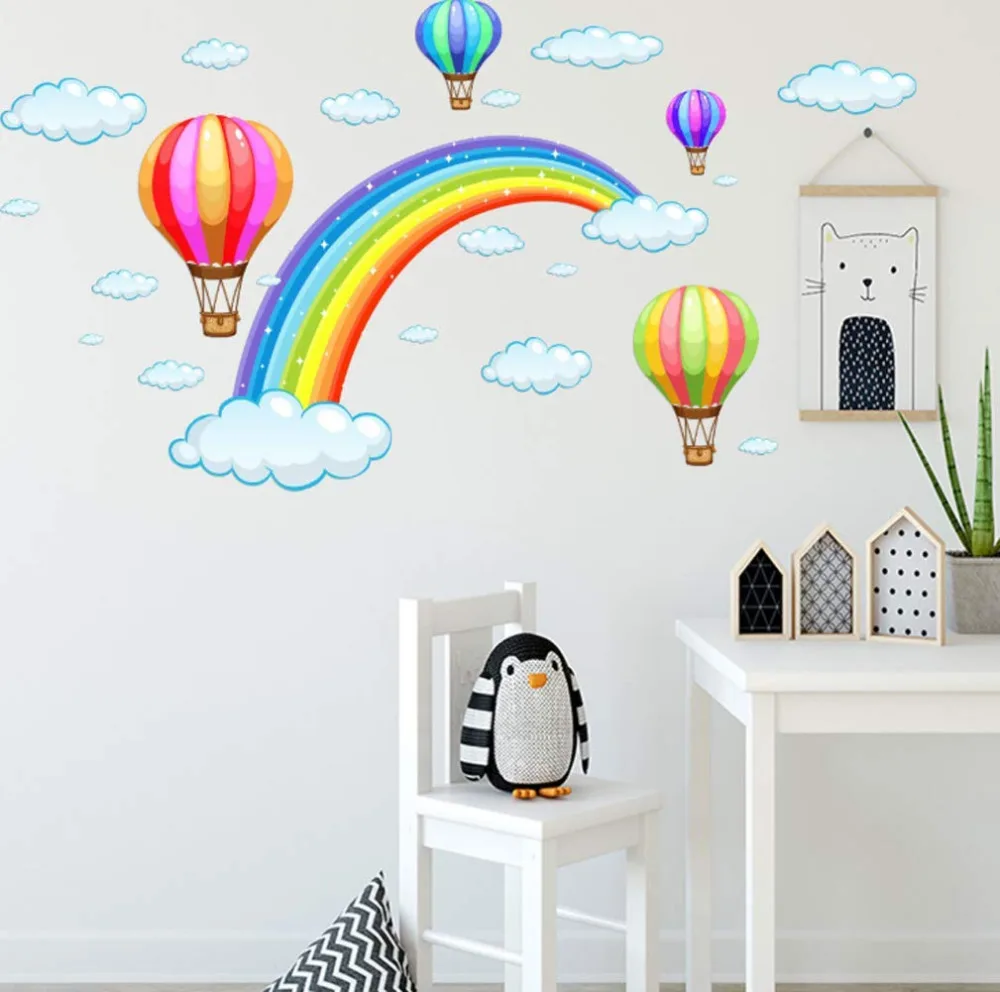 

Cartoon Rainbow Cloud Hot Air Balloon Wall Sticker for Kids Baby Rooms Decoration Mural Art Decals Home Decor Stickers