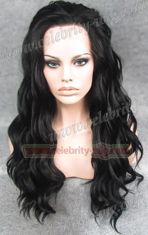

Celebrity top fashion long body wave style jet black synthetic lace front wig