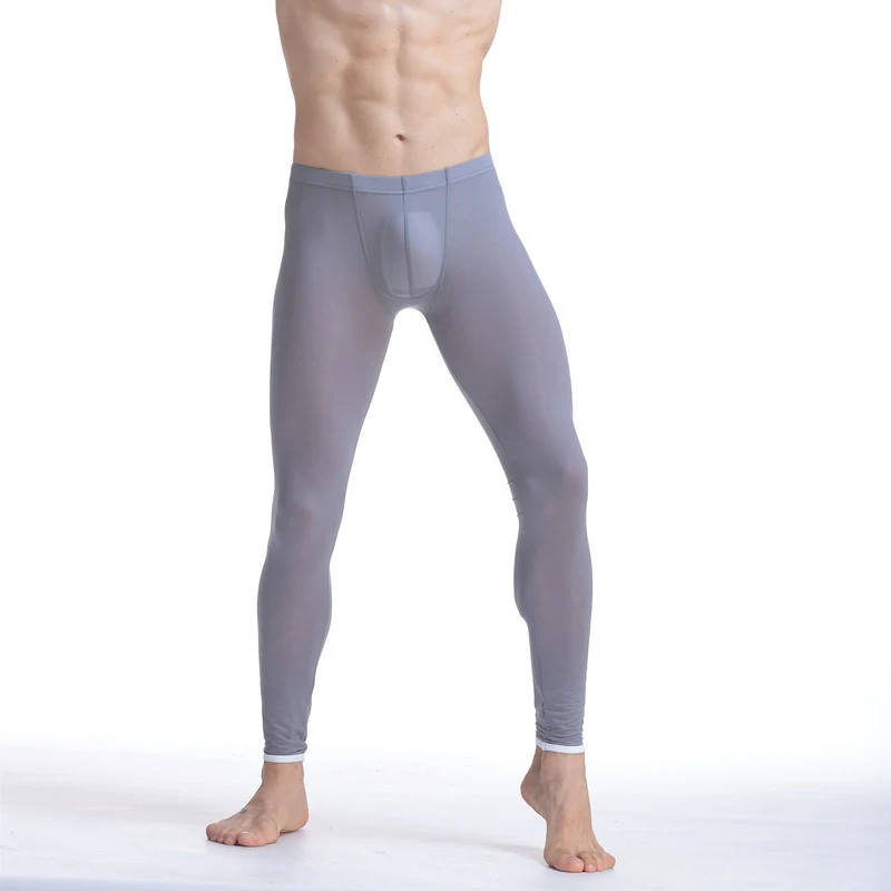 Мужское сексуальное Ультра тонкое стрейчевое нижнее белье с прозрачным мешочком, шелковые кальсоны, Мужские штаны для дома и отдыха, пижамы, штаны для сна - Цвет: gray