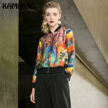KAMIYING весна осень короткие куртки ретро печать шелковое пальто бейсбольная форма Harajuku Veste Femme Manteau Blouson PKHC526
