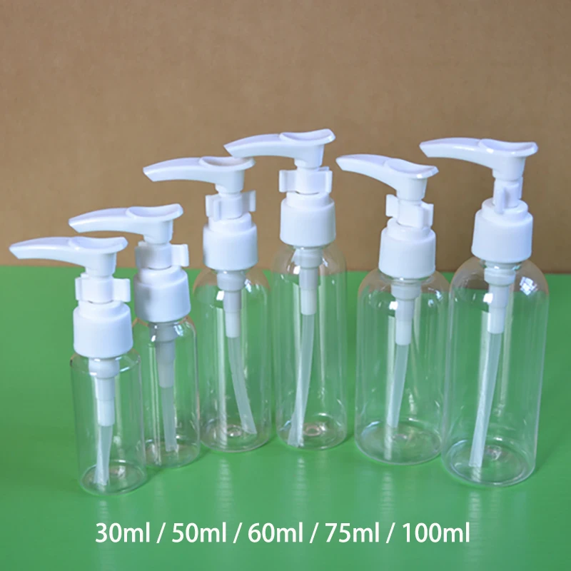 

30ml 50ml 60ml 75ml 100ml Plastic Press Pump Dispenser Bottle Shampoo Latex Cream Recoverable Package Bottles Free Shipping