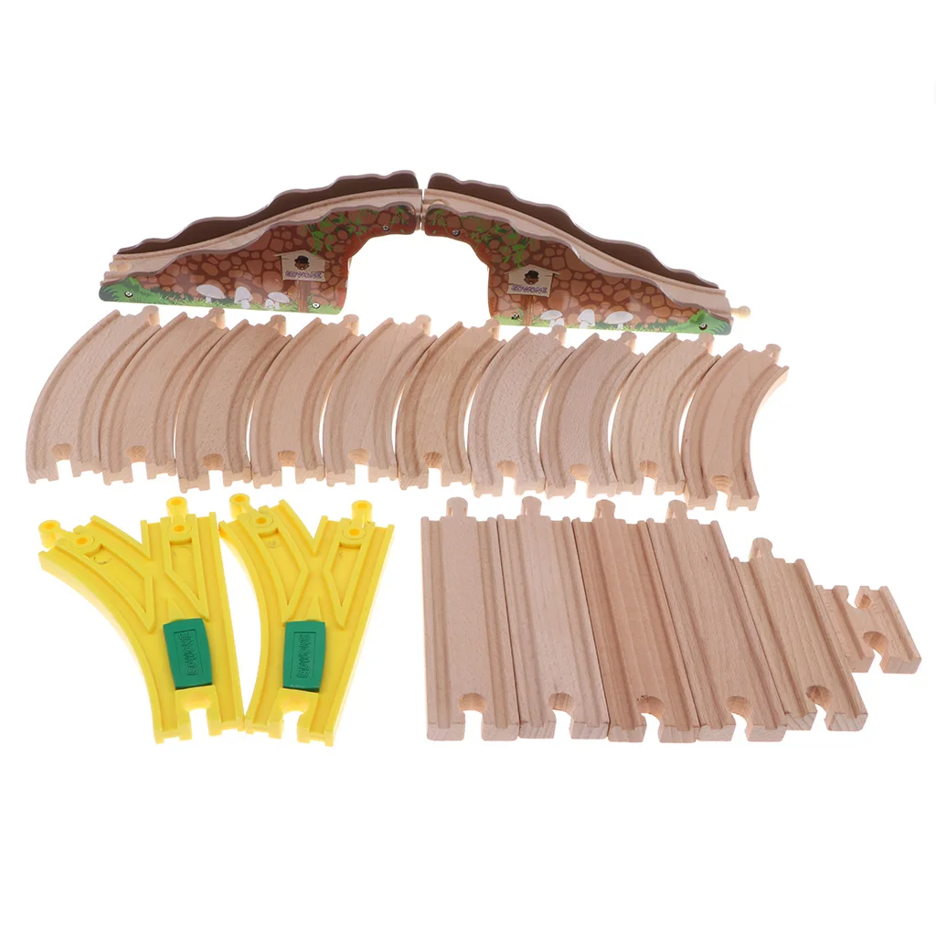 Wooden Train Track Set 20 Piece Railway Toy Compatible with All Major Brands - Female-Female Adapter Switch Connector - Bridge