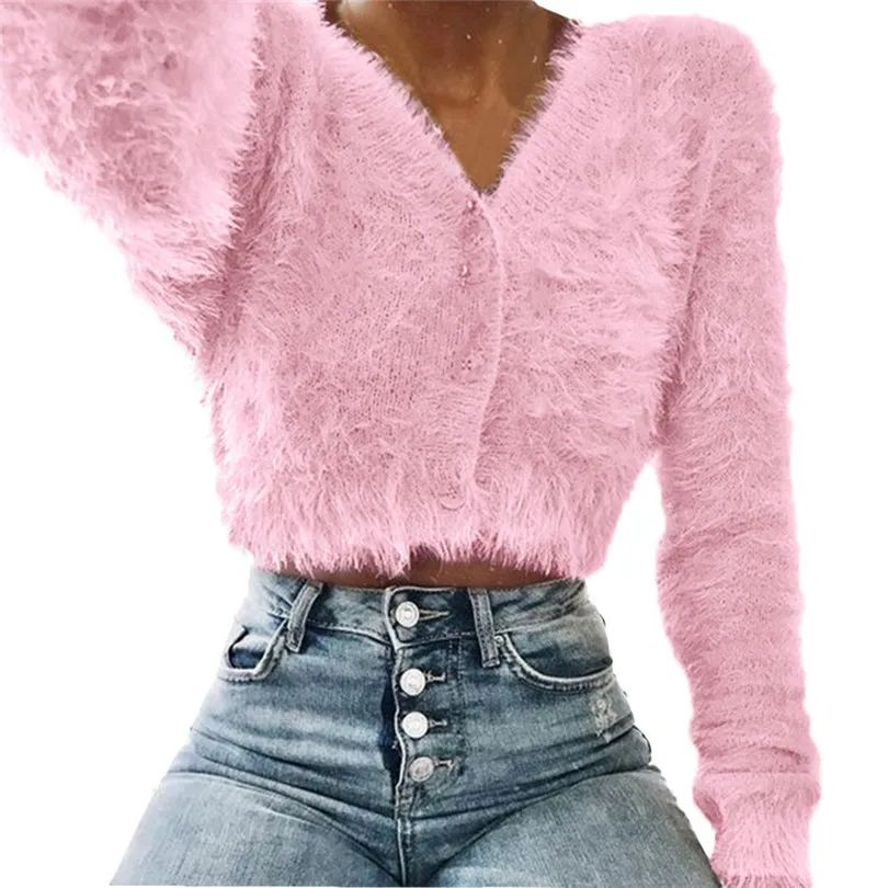 

New Women Fashion Sexy V-neck Long Sleeve Keep Warm Furry Casual Daily Sweater Crop Popular Women Tops Sweater #4F09