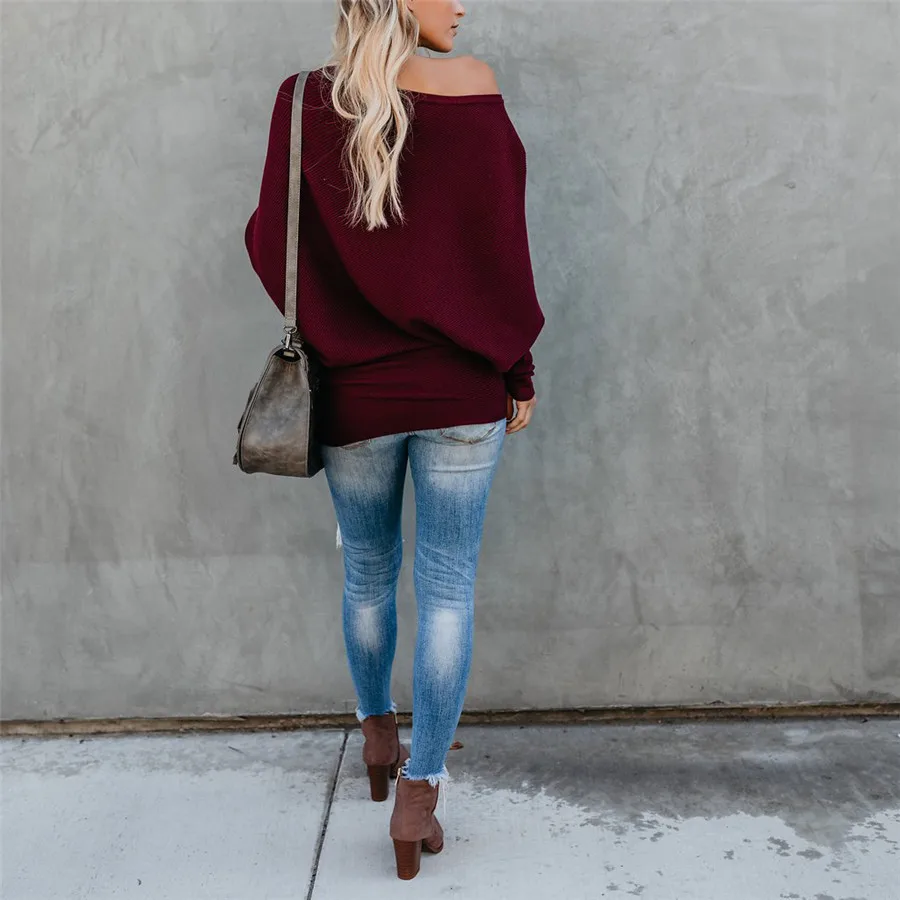 Gladiolus Slash Neck Sexy Autumn Winter Sweater Women 2018  Long Sleeve Loose Casual Long Knitted Pullover Women Sweater Jumpers (23)