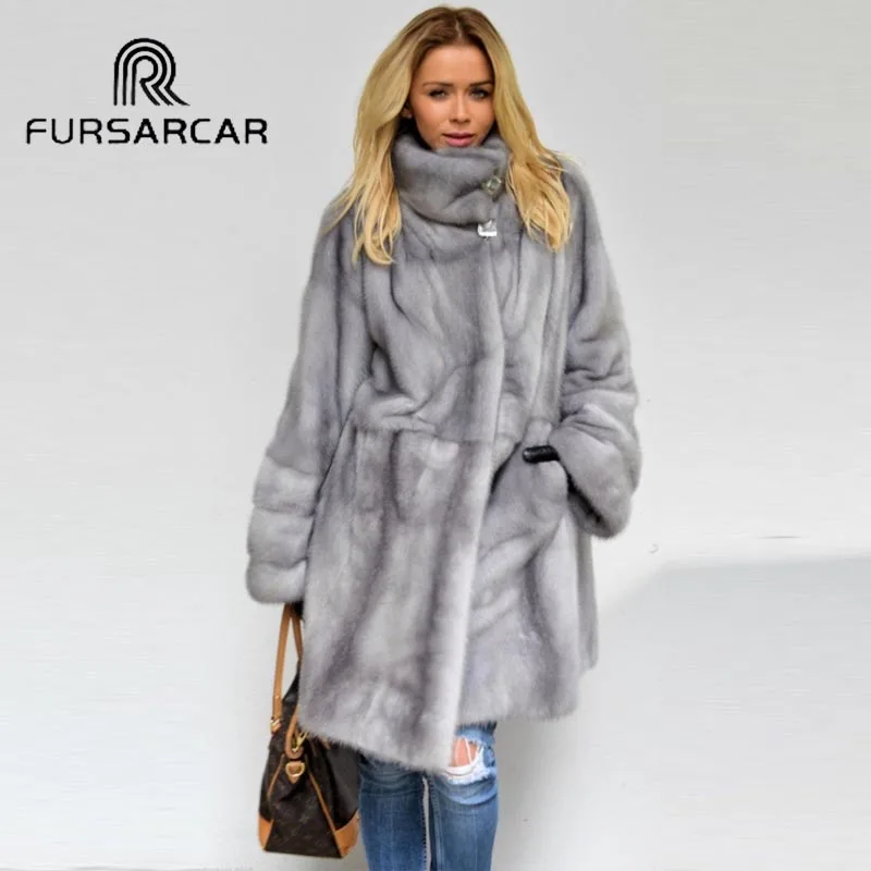 

FURSARCAR Luxury Winter Real Mink Fur Coat Women 90 CM Length Genuine Mink Fur High Quality Coat With Fur Collar for Female